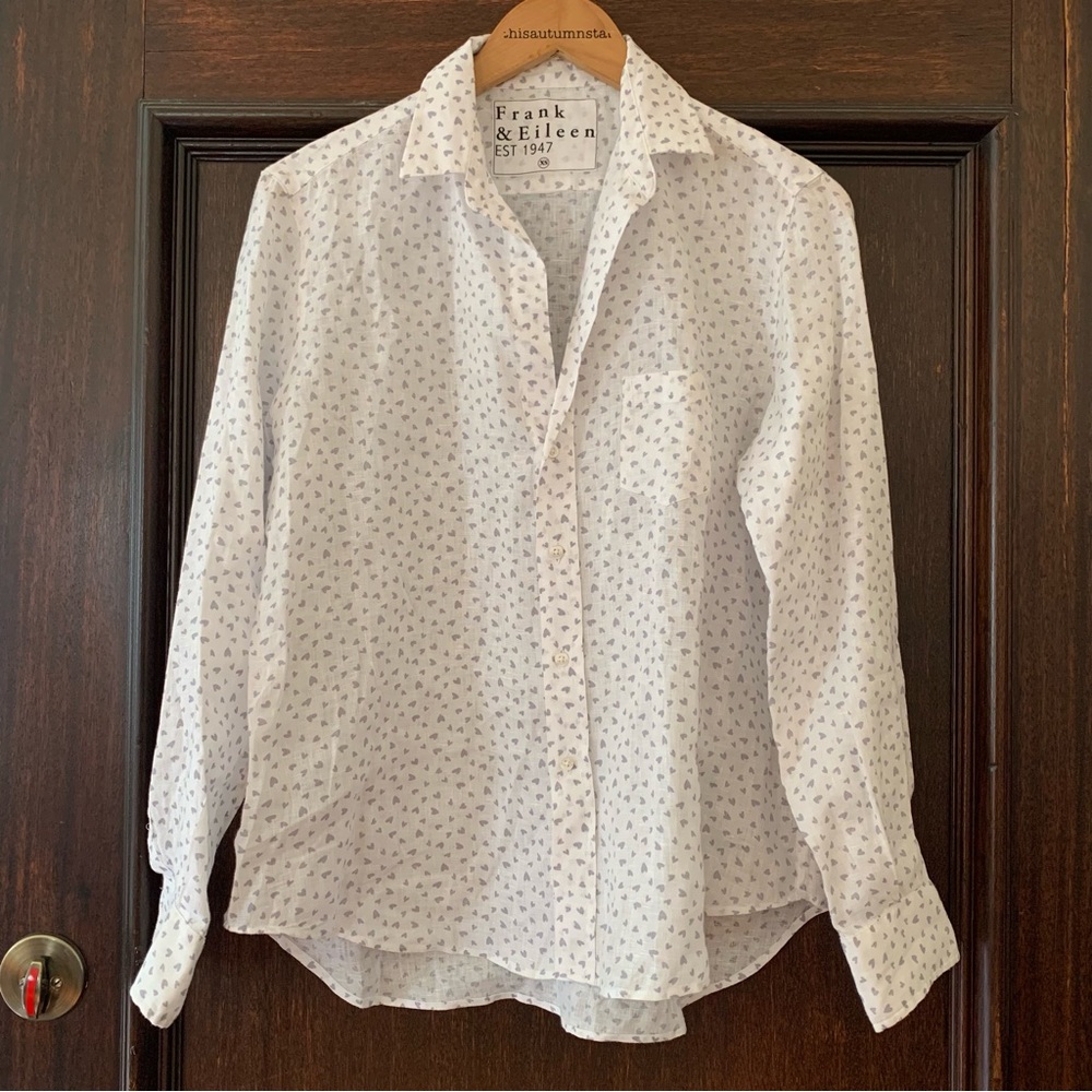 Frank & Eileen 100% Linen Relaxed Button Up Shirt Eileen Style Heart Print XS